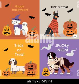 Cute Halloween greeting cards collection featuring adorable cartoon dogs in spooky costumes, pumpkins, bats, and ghosts. Creative vertical holiday Stock Vector
