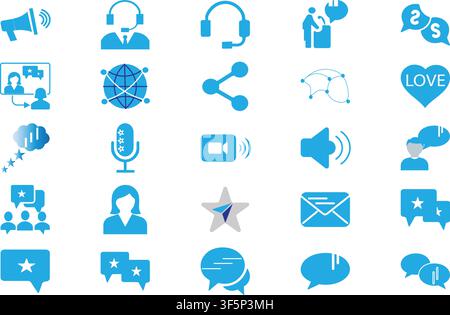 Communication flat icon set with editable stroke for social interface design Stock Vector