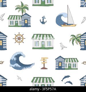 Vector seamless pattern with coastal houses, sailing boats, ocean waves, marine life. Hand drawn graphic sea background with anchors, seagulls Stock Vector