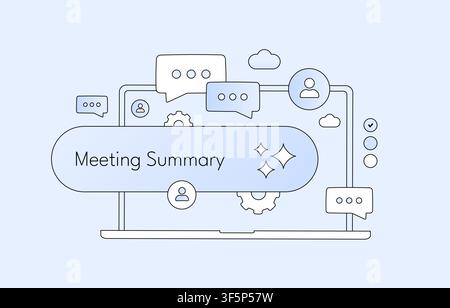 AI meeting summary with conversation analysis, discussion highlights, action items, speaker insights and automated meeting notes for team collaboration. Flat design vector illustration. Stock Vector