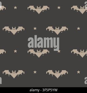 Gothic cross stitch Halloween seamless pattern. Embroidery folk art texture. Repeatable bat and star motif on dark backdrop for digital scrapbooking Stock Vector