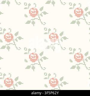 Red and green cross-stitch embroidery roses seamless pattern on beige background. A geometric pixelated needlework vintage floral wallpaper for Stock Vector