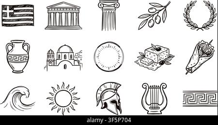 Greek culture artwork set showcasing ceramic amphora vases and island architecture and feta cheese blocks and traditional souvlaki gyros Stock Vector