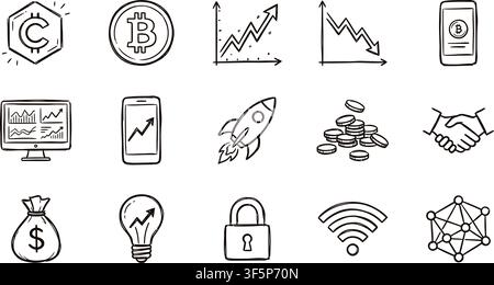 Cryptocurrency and blockchain technology vector illustration collection showcasing digital currency symbols financial charts crypto mining tools and n Stock Vector