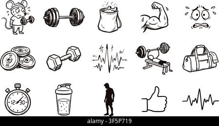 Fitness and gym vector illustrations featuring sweating mice lifting dumbbells and heavy barbell weights and gym bags and flexed muscle arms Stock Vector