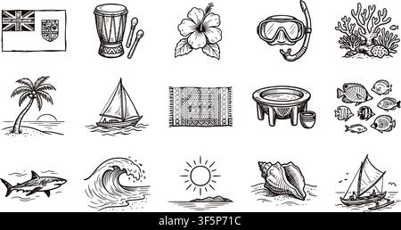 Fiji Independence Day vector illustrations featuring national flags and traditional wooden drums and tropical hibiscus flowers and snorkeling gear and Stock Vector
