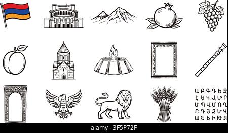 Armenian cultural heritage vector bundle featuring Mount Ararat, traditional stone architecture, national flags, and folkloric musical instruments Stock Vector