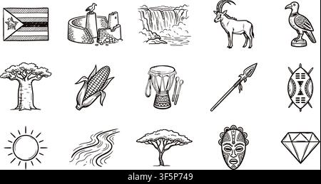 Zimbabwe Independence Day vector bundle featuring historic Great Zimbabwe stone ruins majestic Victoria Falls and authentic African wildlife symbols Stock Vector