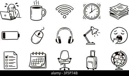 Workplace and office burnout vector illustration collection showcasing remote work struggles productivity tools workspace gear and fatigue elements Stock Vector