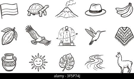 Ecuador culture and heritage vector illustration collection showcasing national symbols wildlife Andean mountains and historical icons Stock Vector