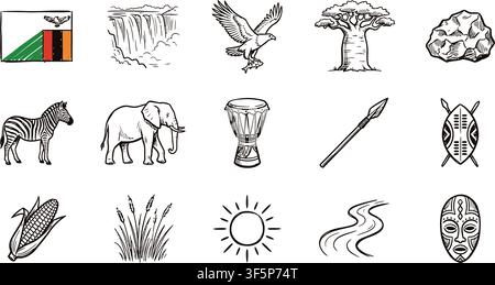 Zambia culture and heritage vector illustration collection showcasing national symbols wildlife African landscape and historical icons Stock Vector