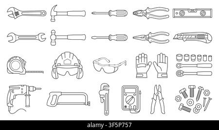 Vector set of outline repair tools, construction equipment, and hardware elements Stock Vector