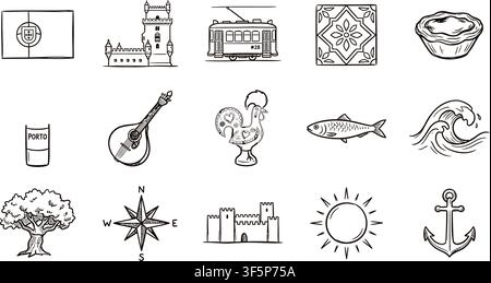 Hand drawn Portuguese heritage and travel vector pack including essential cultural symbols architectural elements traditional pastries Stock Vector