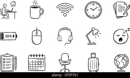 Work from home and telecommuting vector illustration collection showcasing remote lifestyle symbols productivity tools office gear and daily routine Stock Vector