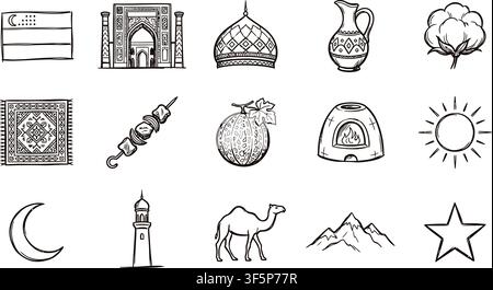 Uzbekistan Independence Day vector illustration collection featuring historic Central Asian architecture traditional patterns and cultural symbols Stock Vector