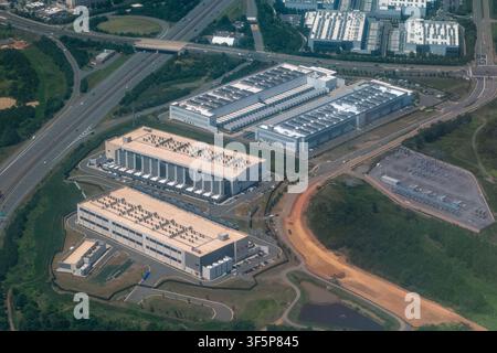 Aerial view of a dense cluster of data centers, including facilities under construction, in Loudoun County's Data Center Alley in Northern Virginia Stock Photo