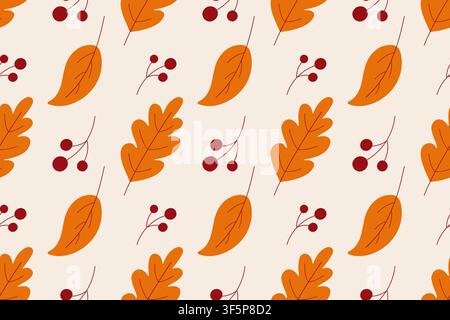 Autumn berries and leaves in seamless pattern. Flat vector illustration for fall decor, seasonal textiles, wrapping paper, fabric Stock Vector