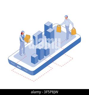 City delivery with online grocery service. Vector illustration for urban logistic, food delivery app, ecommerce, app interfaces Stock Vector