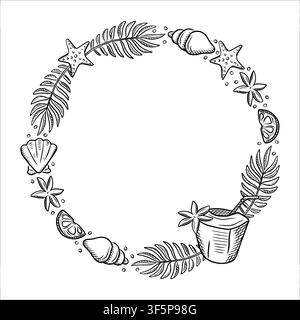 A hand-drawn summer round frame for postcards, invitations, travel, tourism, and advertising. Coconut, sea, beach, and drinks Stock Vector