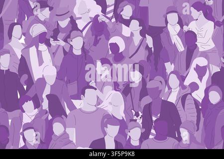 Seamless pattern with monochrome purple crowd of different people, men and women. Diversity concept. Pedestrians at rush hour walking Stock Vector