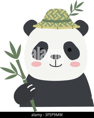 Cute panda with bamboo branch. Simple childish vector illustration, animal design element Stock Vector