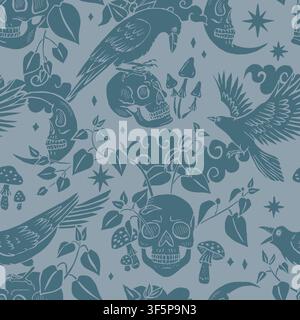 Seamless pattern with hand drawn blue raven or crow silhuette sitting on skulls. Monochrome skeleton heads in forest nettles repeat background Stock Vector