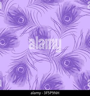 Boho Seamless pattern with detailed purple peacock feathers on a soft lilac background. Elegant monochrome exotic bird plumage vector Stock Vector