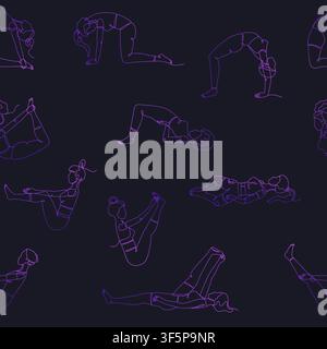 Seamless pattern with single line drawings of yoga poses Stock Vector