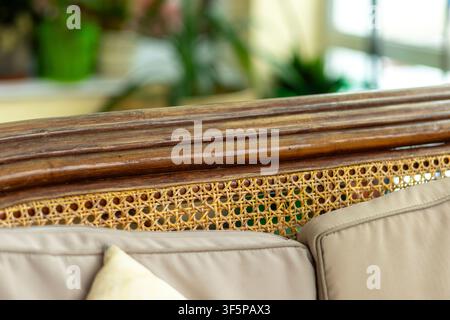 Woven cane furniture with wooden frame and beige fabric cushions in a softly lit interior room blurred indoor plants and natural light streaming throu Stock Photo