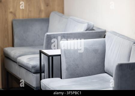 Modern grey velvet sofas in a minimalist waiting area with a sleek side table and wooden paneling provide a comfortable seating arrangement for visito Stock Photo