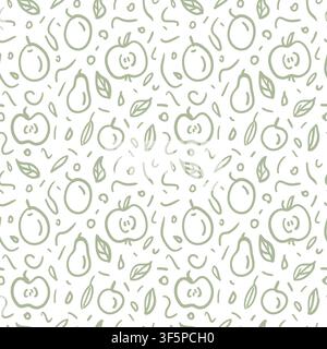 Seamless pattern with hand drawn apple and pear outline. Cute fruit doodle illustration on white background. Minimalist wallpaper design for kitchen, textile, gift wrapping and paper. Stock Vector