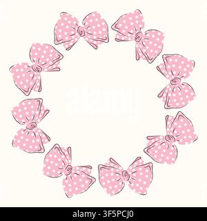 Round wreath of hand-drawn delicate pink bows polka dots. Vector illustration of a feminine decorative Circular frame. Romantic Design template for girls. Stock Vector