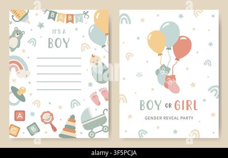 Cute set Baby shower invitation card for gender reveal party in blue colors. Announcement about celebrating a boy birthday. Greeting card for newborns with cute balloons, toys for nursery, a rainbow Stock Vector