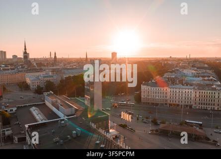 Aerial View over the Centre of Riga During a Golden Sunset Stock Photo