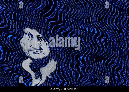 Ghostly human head on digital display. Wavy surreal blue zero and one numbers. Deformed twisted binary code and imaginary mind on abstract cyber space. Stock Photo