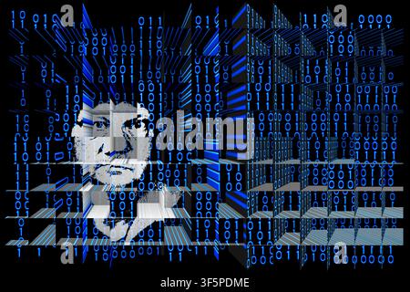 Abstract human head in ones or zeros image of binary codes fragmented to cubes. Hidden observer mind of social media net caught in blue digital screen. Stock Photo