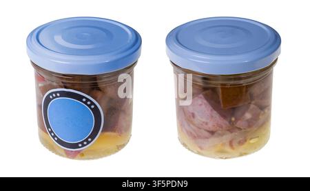 Pickled diced sausage with onion in glass jars isolated on white background. Preserved meat product, mix pork, beef and smoked bacon in spicy marinade Stock Photo