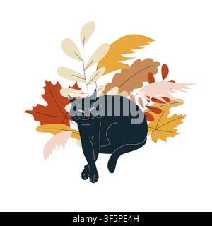 Cozy autumn illustration of black cat relaxing among warm fall leaves and botanical foliage on white background Stock Vector