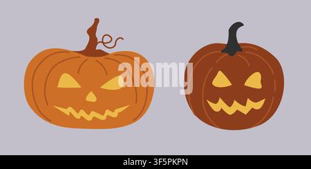 Hand-drawn Halloween pumpkin faces illustration with carved Jack-o-lantern face and light inside for seasonal decor or party Stock Vector