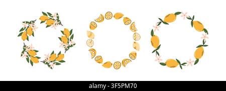 Set of three hand-drawn circular lemon wreath frames featuring whole lemons, citrus slices, blossoms and green leaves isolated on a white background. Stock Vector