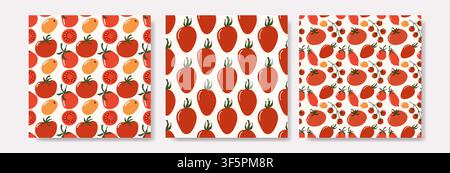 Set of three seamless patterns featuring ripe red and orange tomatoes, cherry tomatoes on vines and tomato slices in a cute hand-drawn flat style. Per Stock Vector