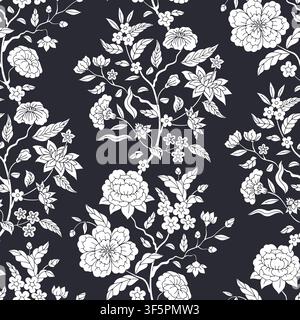Black and white Jacobean seamless pattern with hand drawn flowers and leaves on dark background. Boho floral repeat wallpaper Stock Vector