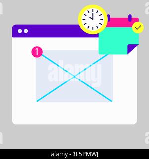 Email notification icon with browser window, clock, and calendar isolated. Neon color. Vector illustration Stock Vector