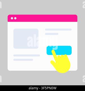 Website browser window icon with hand clicking button isolated on gray background. Flat style. Vector illustration Stock Vector