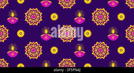 Diwali seamless pattern background with mandalas rangoli glowing diya lamps and marigold flowers on a purple background. For festive decor, fabric Stock Vector