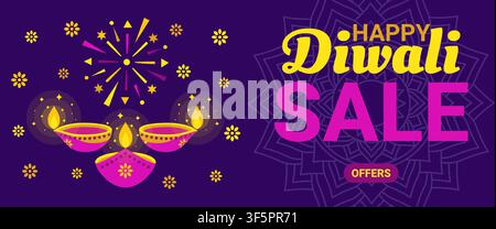 Happy Diwali sale banner with hanging diya lamps, rangoli mandala ornament, and special offer text on dark purple background. Vector illustration Stock Vector