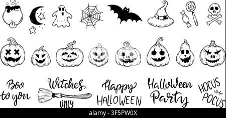 Dirty style Halloween elements. Scary pumpkins, bat, spider web, witch hat and cauldron. Autumn festival symbols, different horrible characters Stock Vector