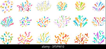 Colorful confetti compositions. Different paper streamers and sparkles flying, holiday filling for firecrackers. Festive decor for cards, banners Stock Vector