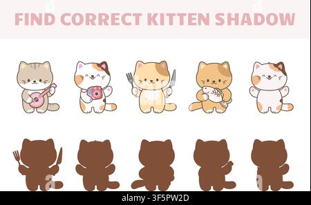 Find correct shadow children play with kawaii style kittens. Cartoon cats, cute kitten stickers. Educational simple game for toddlers, vector template Stock Vector