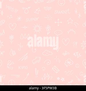 Funny simple elements seamless pattern. Decorative texture with arrows, hearts, clouds, flowers and motivational inscriptions. Print template vector Stock Vector